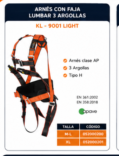 Arnés con faja lumbar 3 argollas KL-9001 Light
