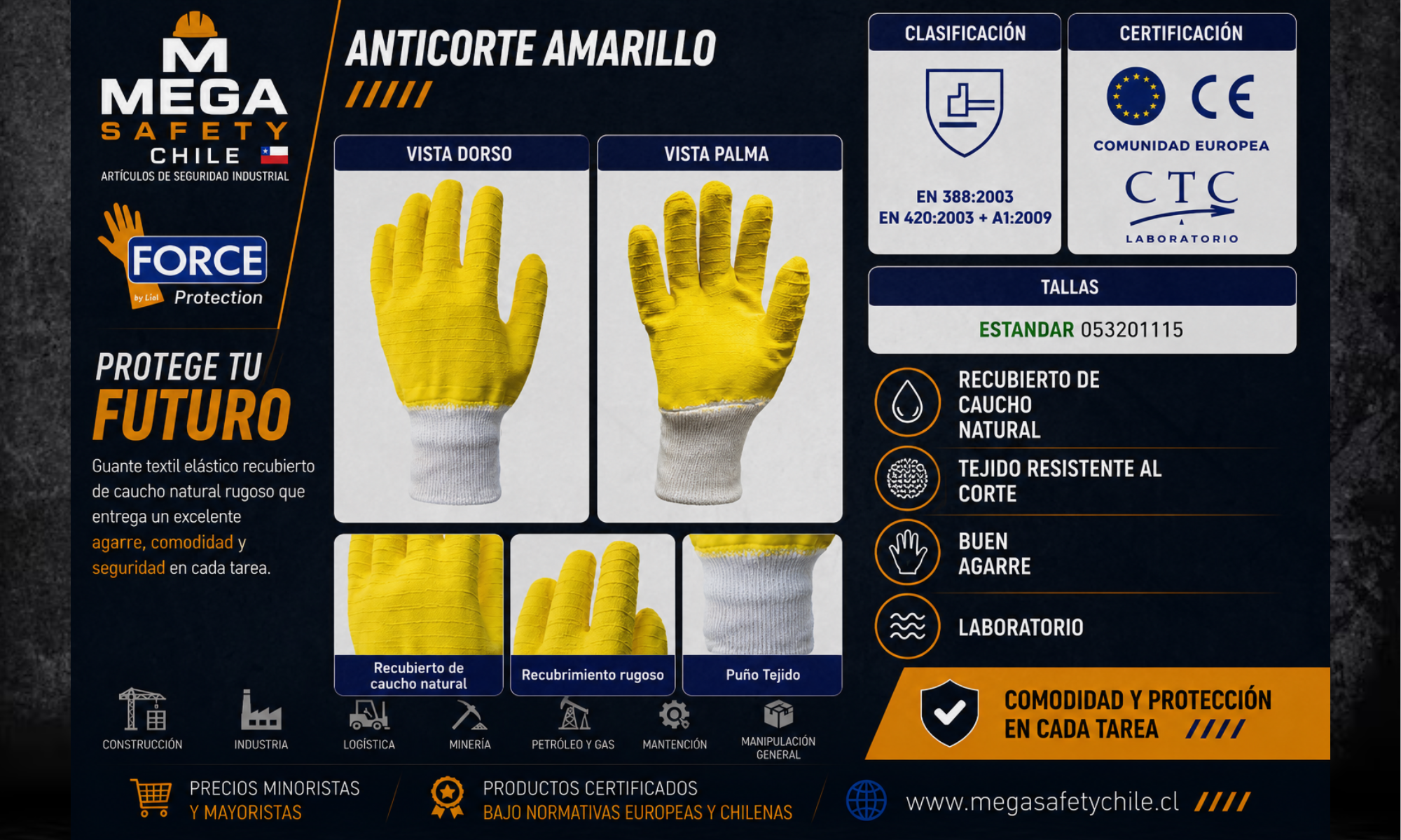 Guante Anticorte Amarillo | Recubrimiento de caucho natural rugoso