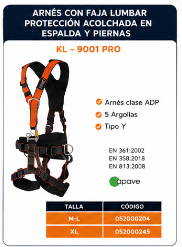 Arnés con faja lumbar protección acolchada espalda y piernas KL-9001 Pro